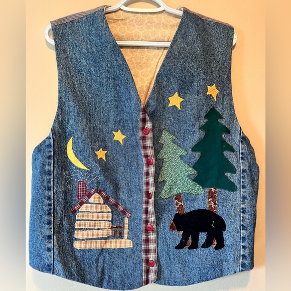 Artisan made denim vest with wilderness appliqué. Gingham tweed look to back. - Picture 2 of 5